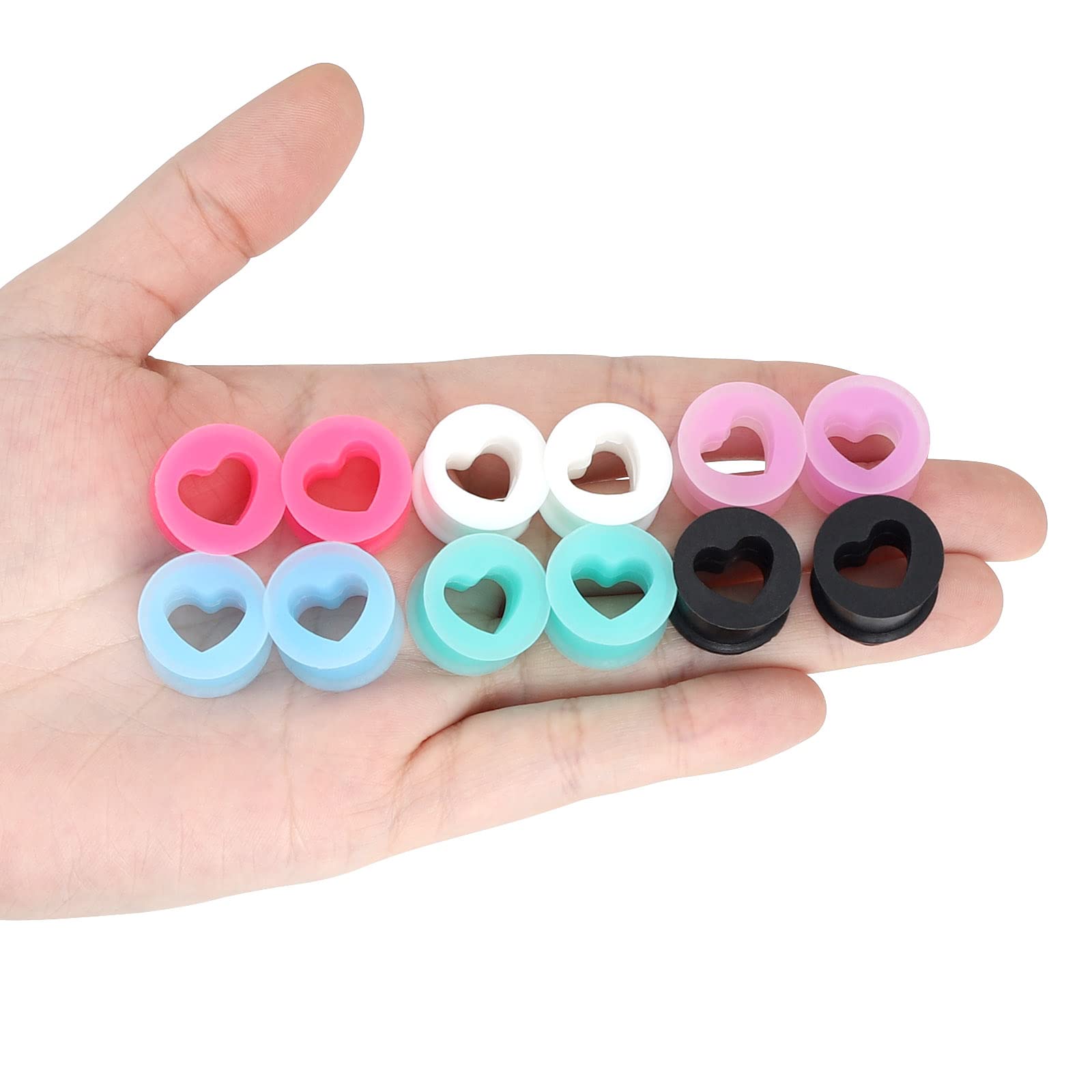 YOFANST 12pcs Soft Flexible Colorful Silicone Ear Tunnels Hollow Heart Piercing Gauges 12mm