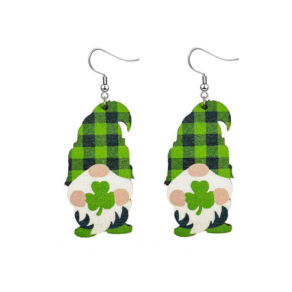 St Patrick's Dame Dainty Printed Teardrop Earrings Good Luck Holiday Jewelry Gy Wooden Earrings for Women,Irish Shamrock Drop Dangle Earrings Green Clover Gnoift (Gnome)