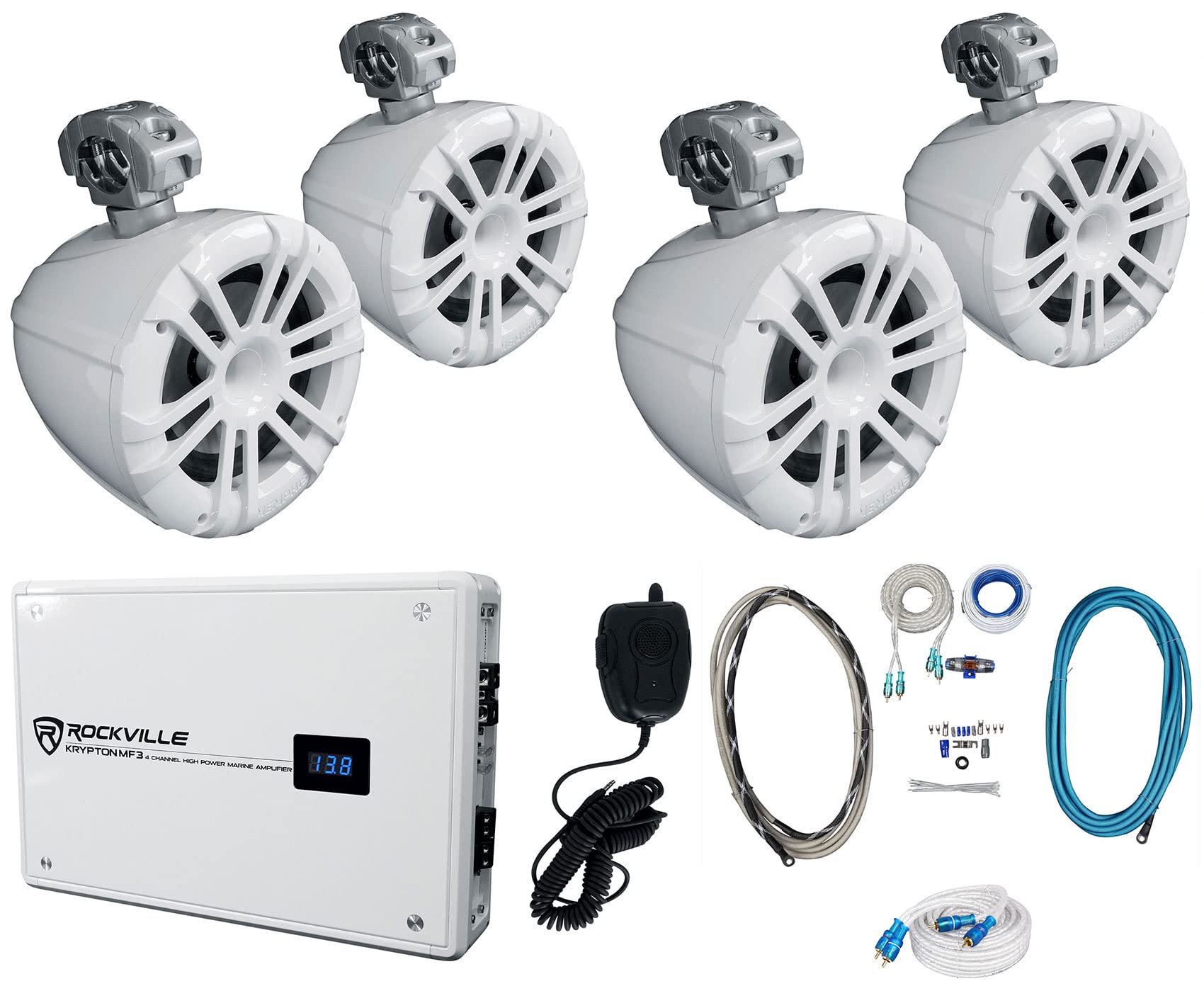 Memphis Audio 4 MXA82TW 8" Marine Wakeboard Tower Speakers/LED+Swivel White Bundle with Rockville Krypton MF3 Amplifier, RMWK4 Amp Install Wire Kit & MRCA25 RCA Cable (7 Items)