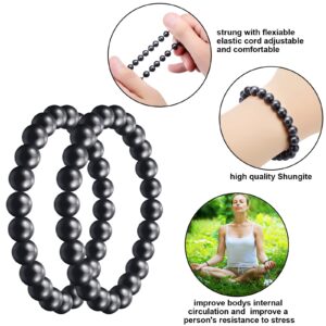 Hicarer 2 Pieces Shungite Bracelet Black Shungite Beads Crystal Stretchy Stones Bracelets Energy Jewelry Powerful Defender Spiritual Healing Chakra Balance for Men Women(6 mm)