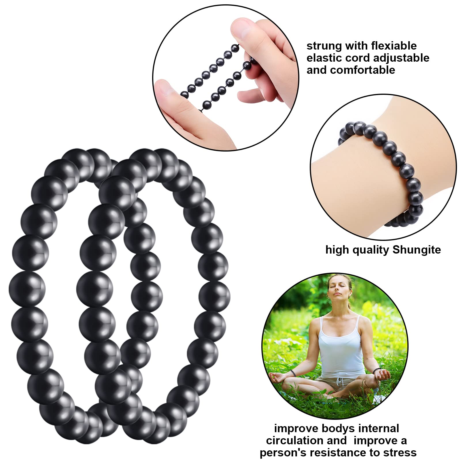 Hicarer 2 Pieces Shungite Bracelet Black Shungite Beads Crystal Stretchy Stones Bracelets Energy Jewelry Powerful Defender Spiritual Healing Chakra Balance for Men Women(6 mm)