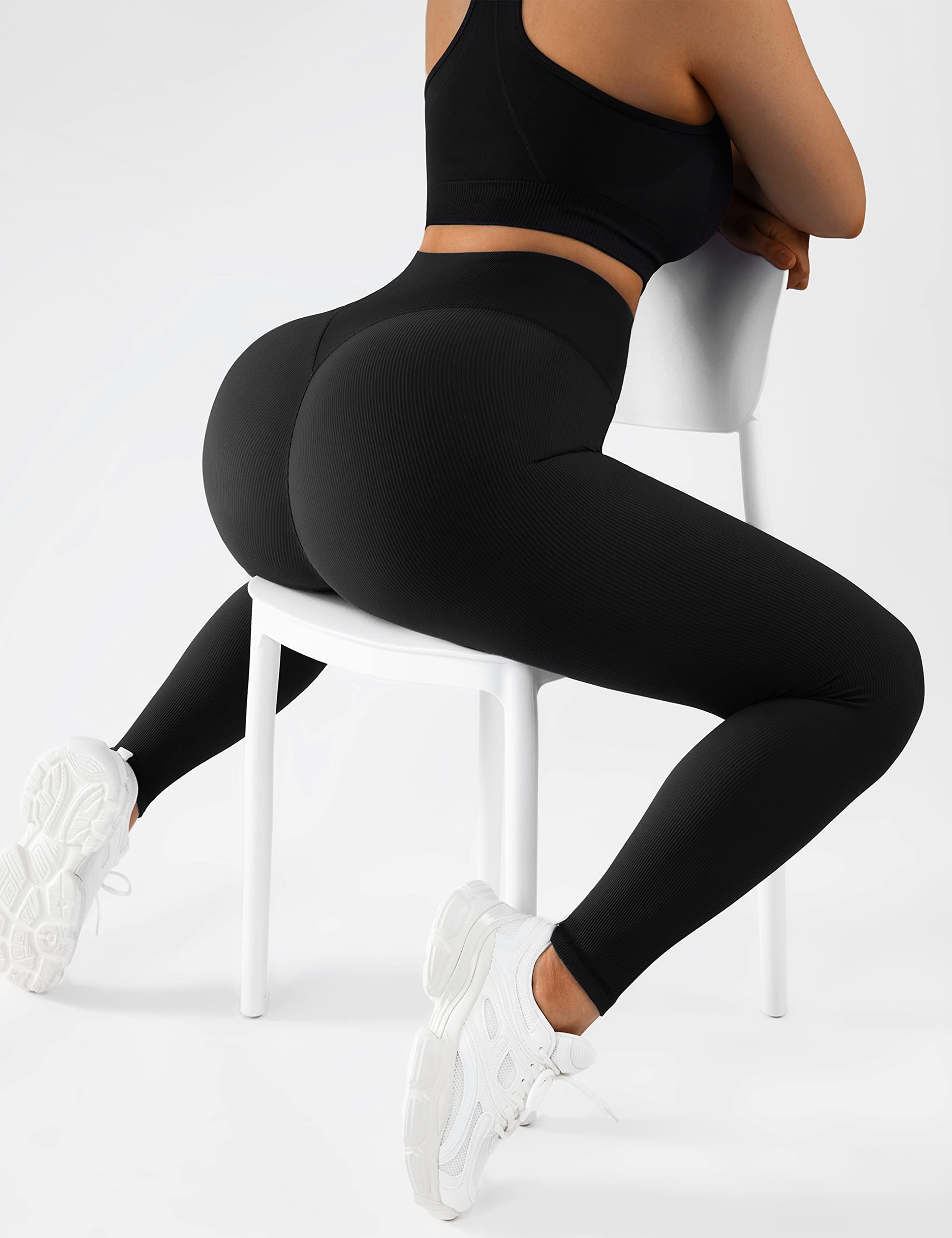 RXRXCOCO Ribbed Butt Lifting Leggings for Women Booty Gym Leggings High Waisted Workout Yoga Pants Black, Small