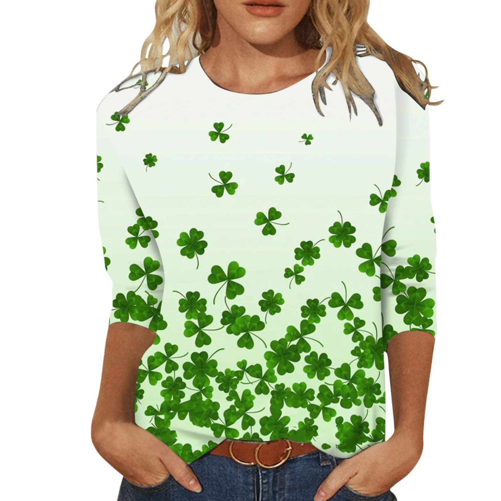 CHEEKEY St Patricks Day Shirt Women 3/4 Sleeve Irish Shamrock Shirts Casual Summer Tops Round Neck Lucky Green Shirts, A01 White, XL