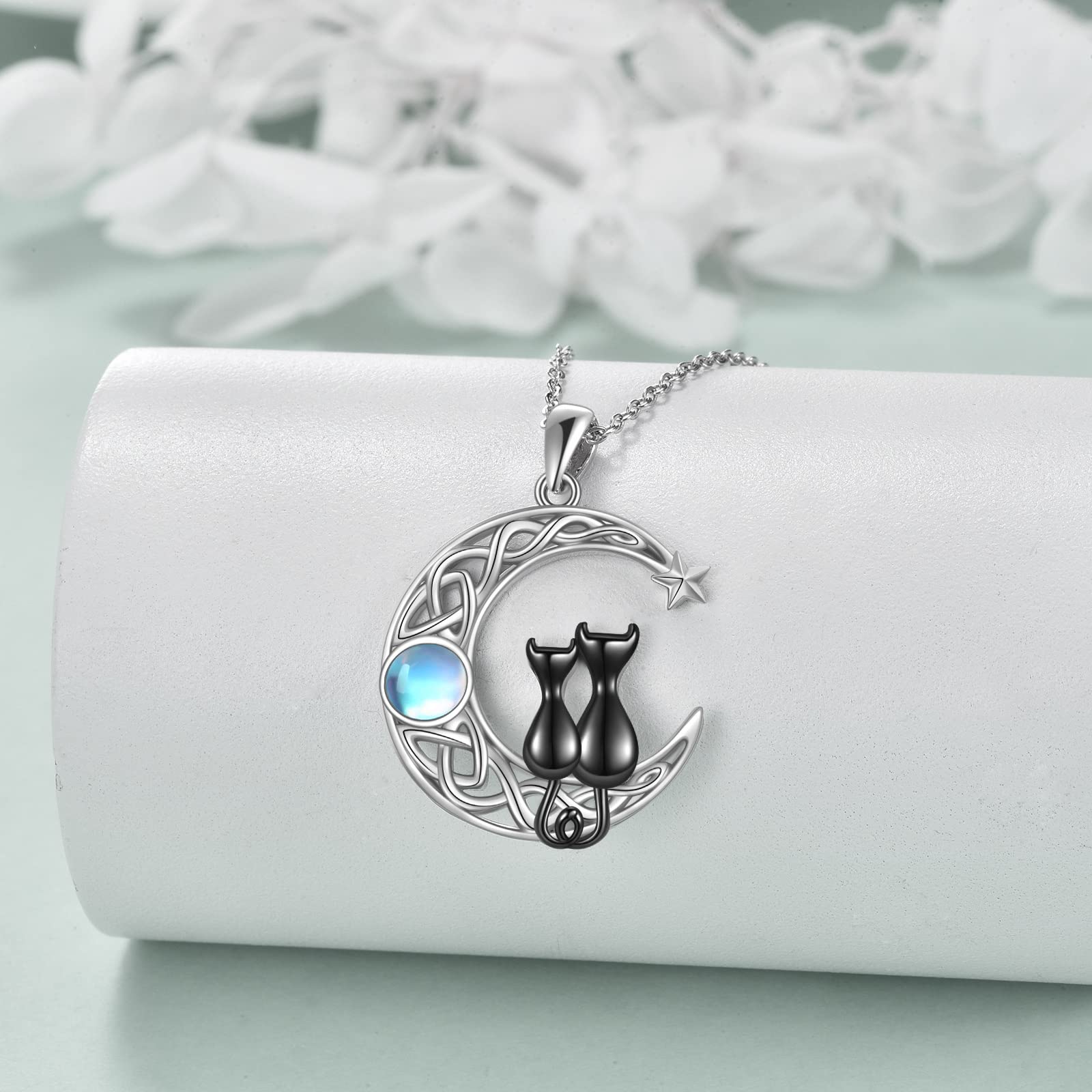 VONALA Celtic Moon Cat Necklace for Women Sterling Silver 2 Black Cat Jewelry Women Two Cat Necklace for Cat Lovers