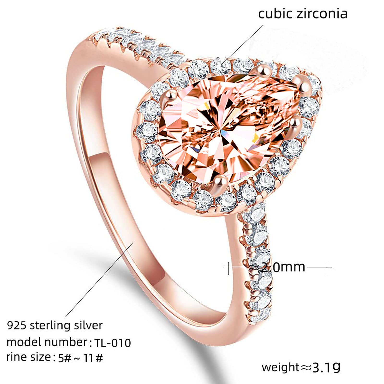 Lady Bride Wedding Band Women's Teardrop-Shaped Zircon Ring Engagement Ring Simulated Diamond Proposal Ring (Rose Gold, 10)