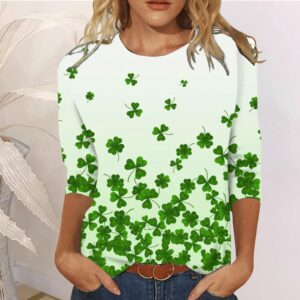 CHEEKEY St Patricks Day Shirt Women 3/4 Sleeve Irish Shamrock Shirts Casual Summer Tops Round Neck Lucky Green Shirts, A01 White, XL