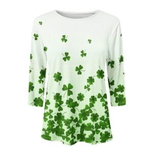 CHEEKEY St Patricks Day Shirt Women 3/4 Sleeve Irish Shamrock Shirts Casual Summer Tops Round Neck Lucky Green Shirts, A01 White, XL