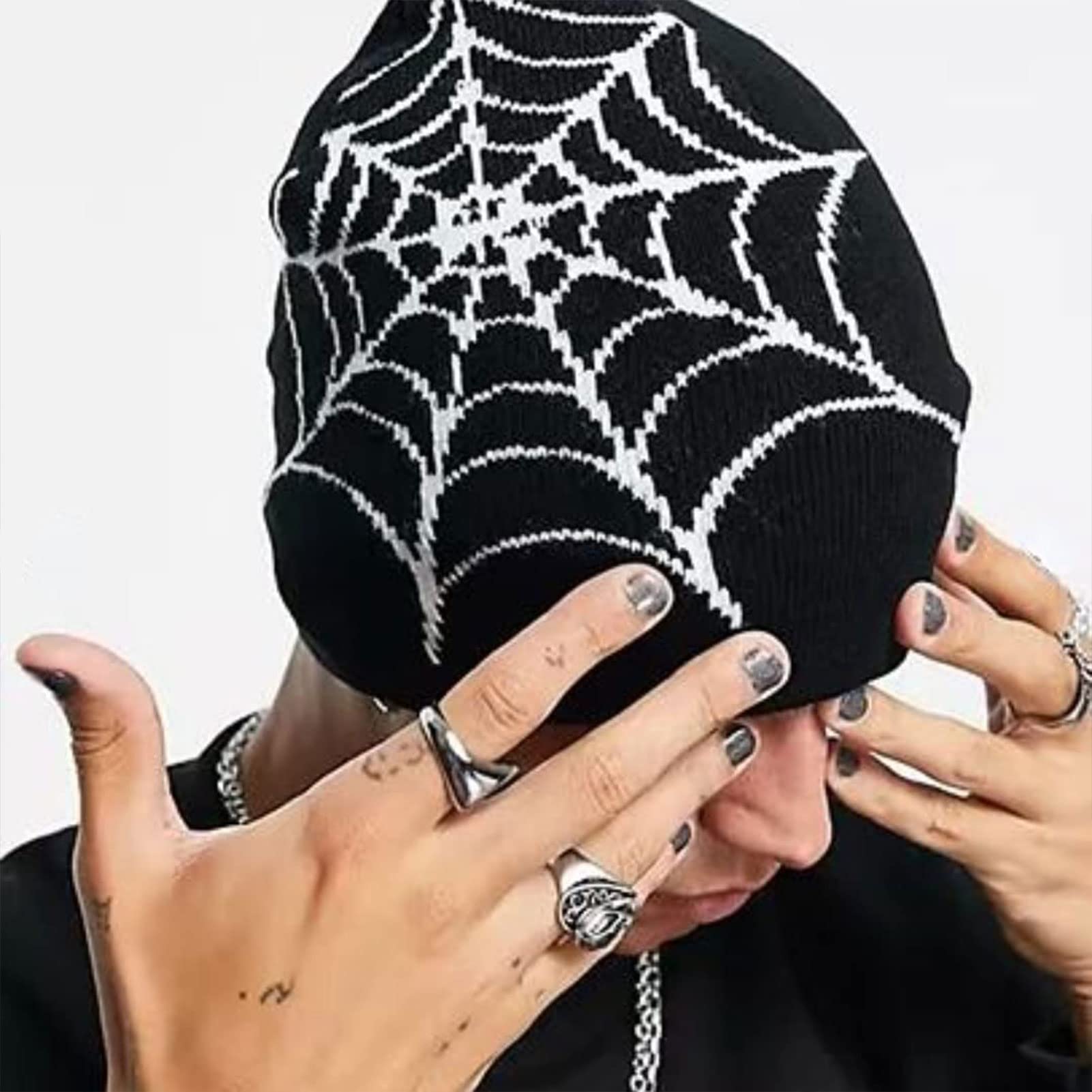 FantasyGears y2k Hat Goth Graphic Spider Web Beanie Grunge Winter Warm Knitted Beanies Men Women Casual Skullies