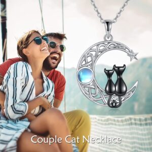 VONALA Celtic Moon Cat Necklace for Women Sterling Silver 2 Black Cat Jewelry Women Two Cat Necklace for Cat Lovers