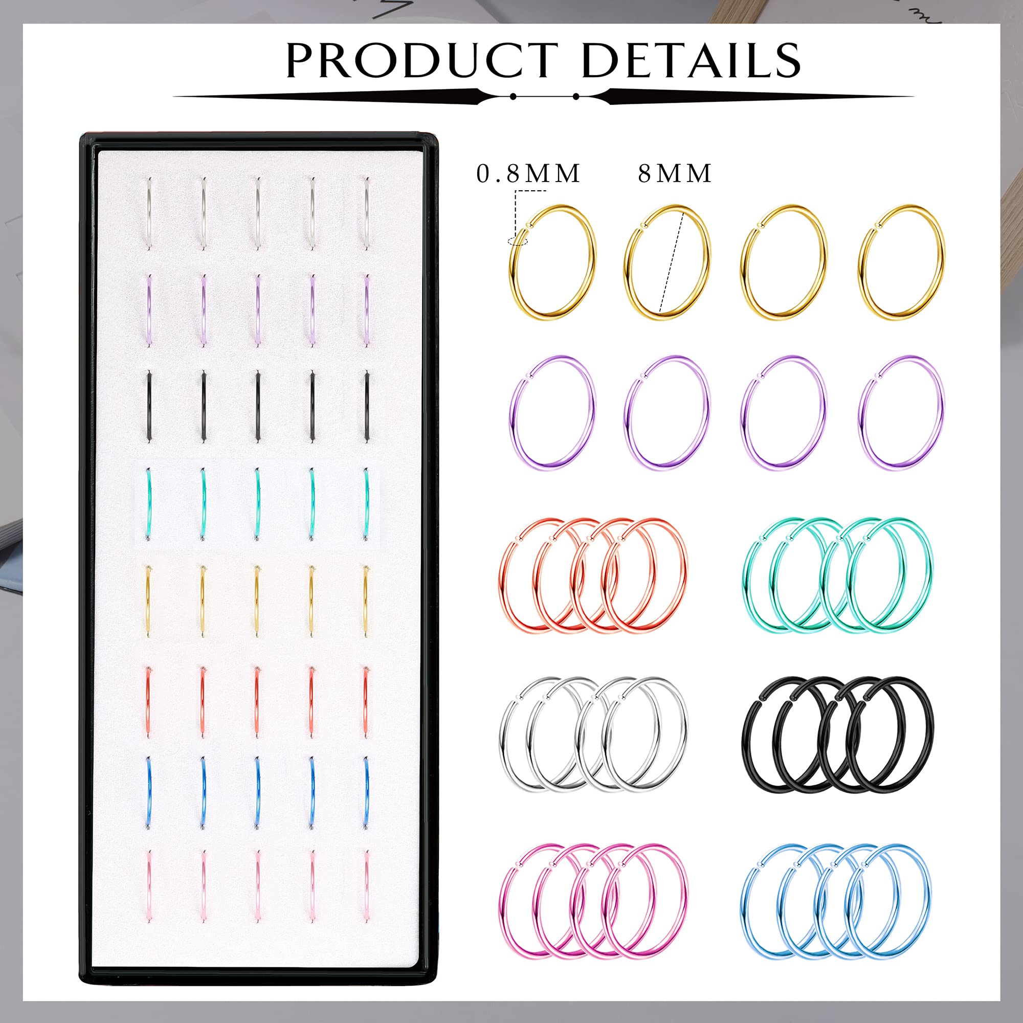 FIASASO 40-200Pcs Hypoallergenic Nose Rings Hoops Studs Set for Women Men 316L Stainless Steel CZ Nose Piercing I L Shaped 20G 1.5mm 2mm 2.5mm