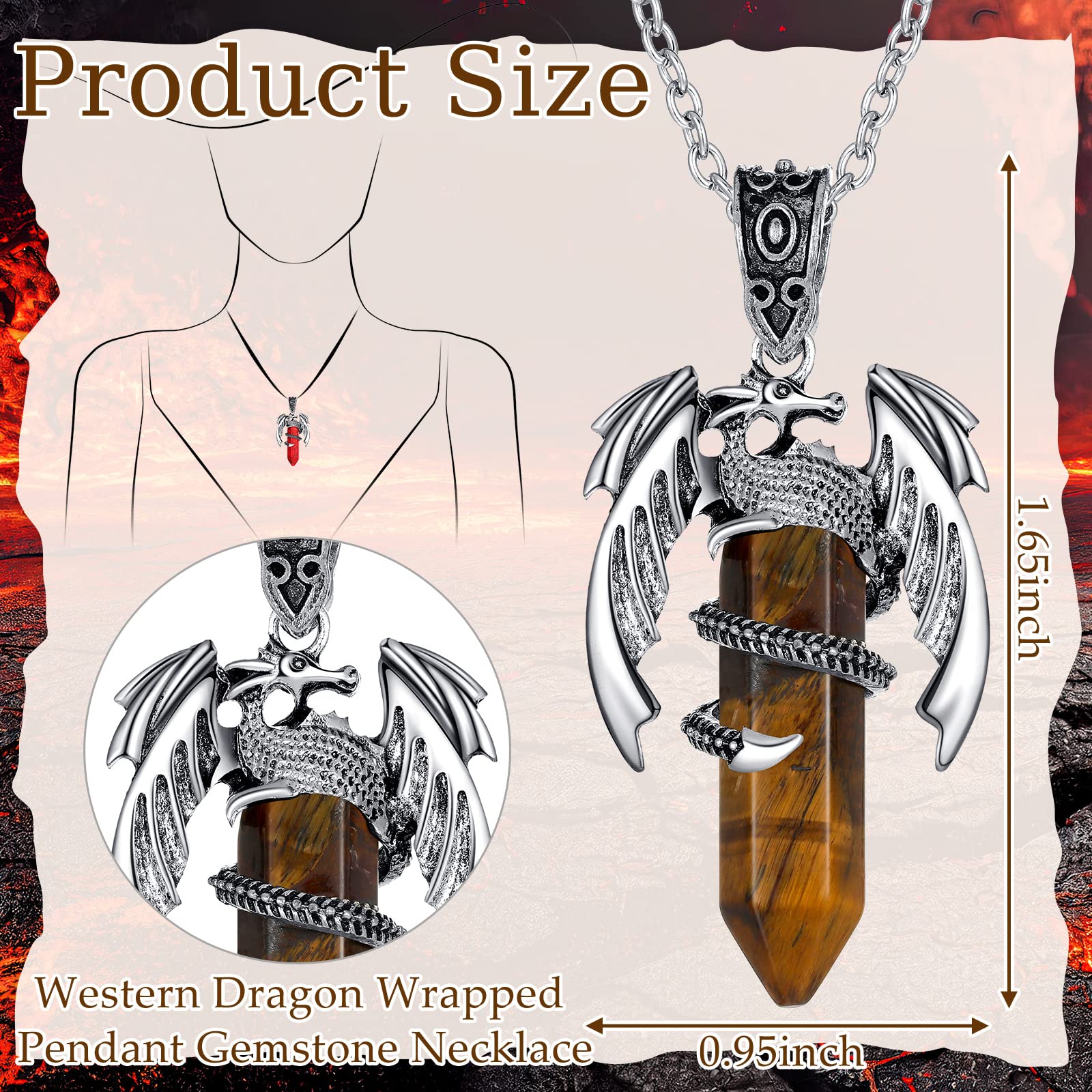 Yinkin 12 Pcs Dragon Necklace for Men Women Crystal Stone Necklace Dragon Wrapped Pendant Chakra Reiki Gemstone Necklace (Dragon, Hexagonal Stone)