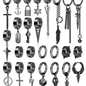 Thunaraz 25 Pcs Clip on Earrings for Men Stainless Steel Cross Chain Dangle Earrings Black Fake Earrings for Men Women Non Pierced Huggie Hoop Earrings Set