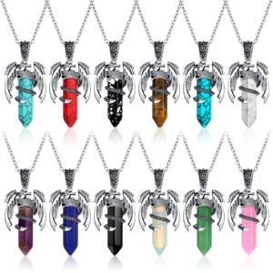 Yinkin 12 Pcs Dragon Necklace for Men Women Crystal Stone Necklace Dragon Wrapped Pendant Chakra Reiki Gemstone Necklace (Dragon, Hexagonal Stone)