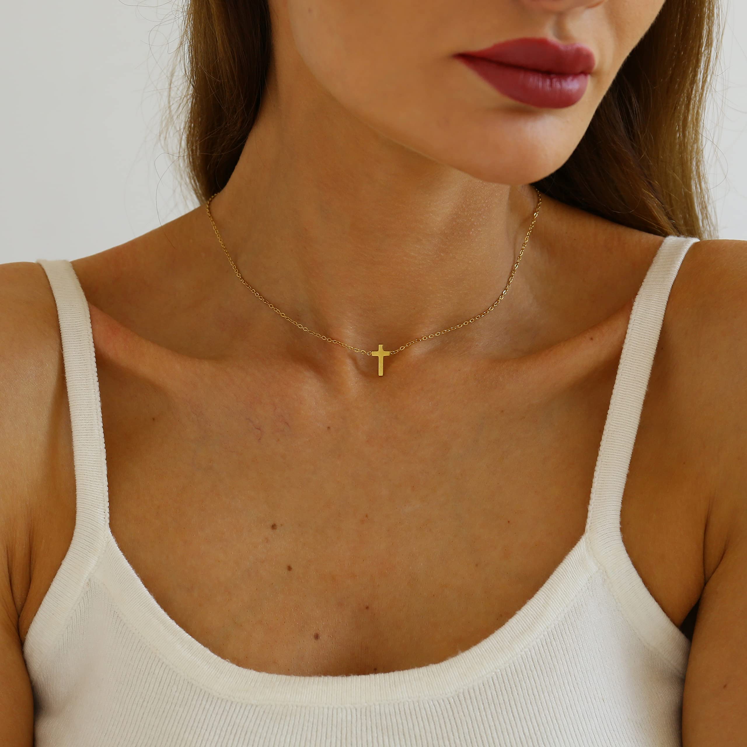 Mauzew Cross Necklace for Women Gold Sideways Cross Necklace Dainty Cute Tiny Cross Choker Necklace Simple Trendy Jewelry