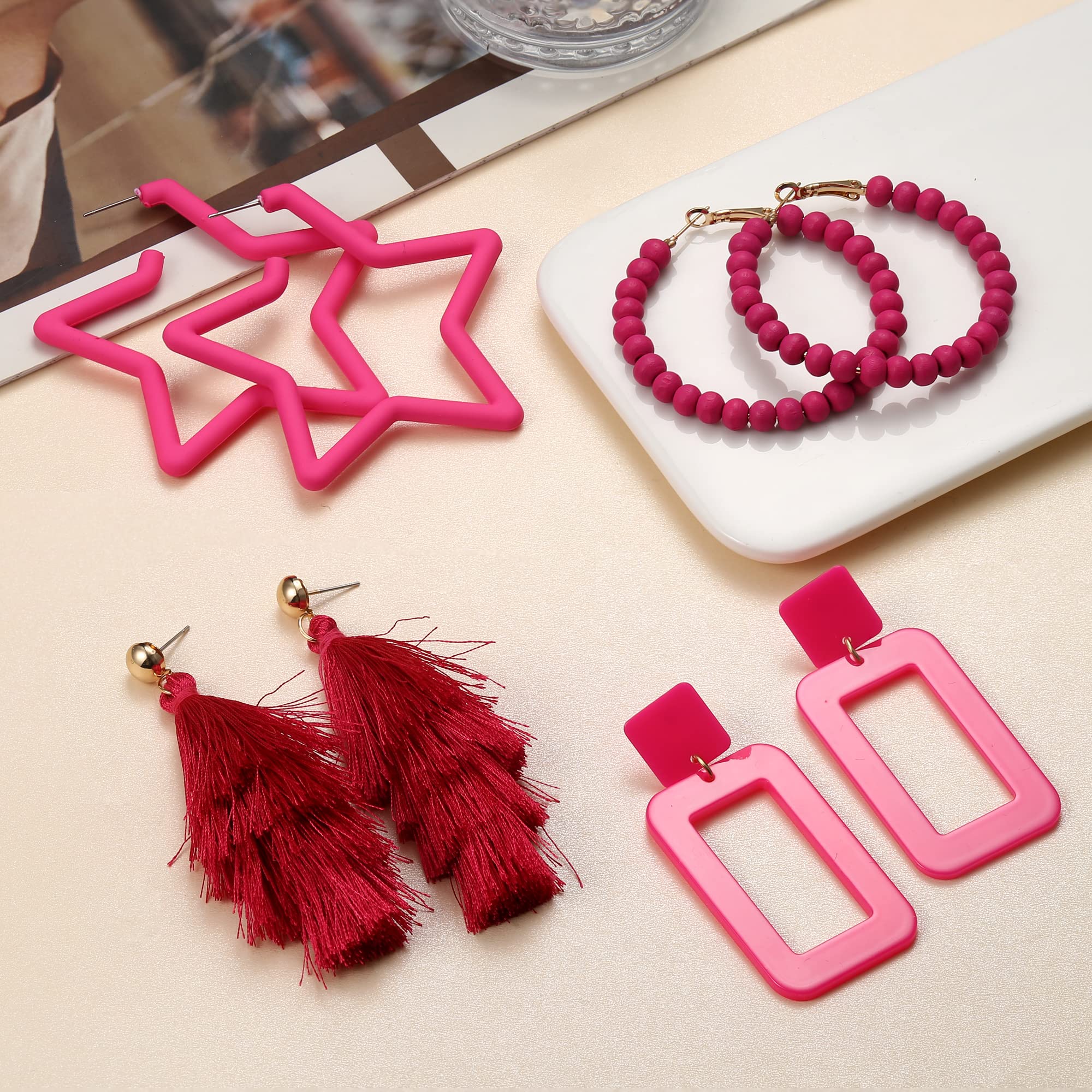 FUNRUN JEWELRY 4Pairs Statement Earrings Geometric Heart Drop Hoop Earrings Boho Long Tassel Dangle Earrings Hot Pink Earrings for Women