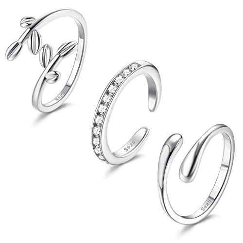 Besteel 925 Sterling Silver Toe Rings for Women Adjustsable Open Cuff Toe Rings Set Platinum Plating Band Leaf CZ Tail Rings Trendy Summer Beach Barefoot Jewelry Classic Style