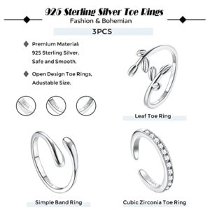 Besteel 925 Sterling Silver Toe Rings for Women Adjustsable Open Cuff Toe Rings Set Platinum Plating Band Leaf CZ Tail Rings Trendy Summer Beach Barefoot Jewelry Classic Style