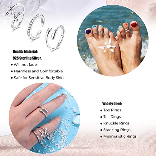 Besteel 925 Sterling Silver Toe Rings for Women Adjustsable Open Cuff Toe Rings Set Platinum Plating Band Leaf CZ Tail Rings Trendy Summer Beach Barefoot Jewelry Classic Style