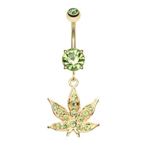 Pierced Owl 14GA Stainless Steel CZ Crystal Green Pot Leaf Dangling Belly Button Ring (Gold Tone/Light Green)