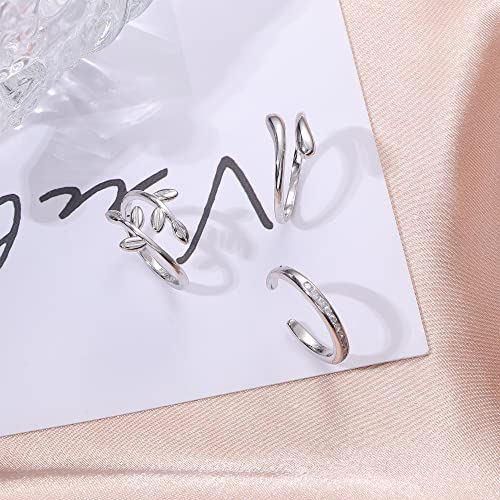 Besteel 925 Sterling Silver Toe Rings for Women Adjustsable Open Cuff Toe Rings Set Platinum Plating Band Leaf CZ Tail Rings Trendy Summer Beach Barefoot Jewelry Classic Style