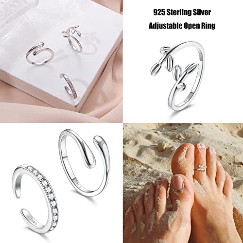 Besteel 925 Sterling Silver Toe Rings for Women Adjustsable Open Cuff Toe Rings Set Platinum Plating Band Leaf CZ Tail Rings Trendy Summer Beach Barefoot Jewelry Classic Style