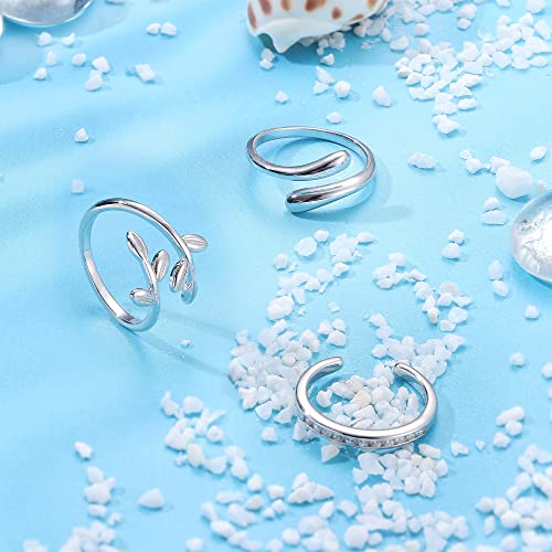 Besteel 925 Sterling Silver Toe Rings for Women Adjustsable Open Cuff Toe Rings Set Platinum Plating Band Leaf CZ Tail Rings Trendy Summer Beach Barefoot Jewelry Classic Style