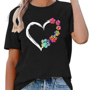 Sunidol Womens Dog Mom Shirts Cute Dog Paw Print Mother's Day Multicolor Heart Graphic Short Sleeve Crewneck Casual Pullover Tops Black XXL