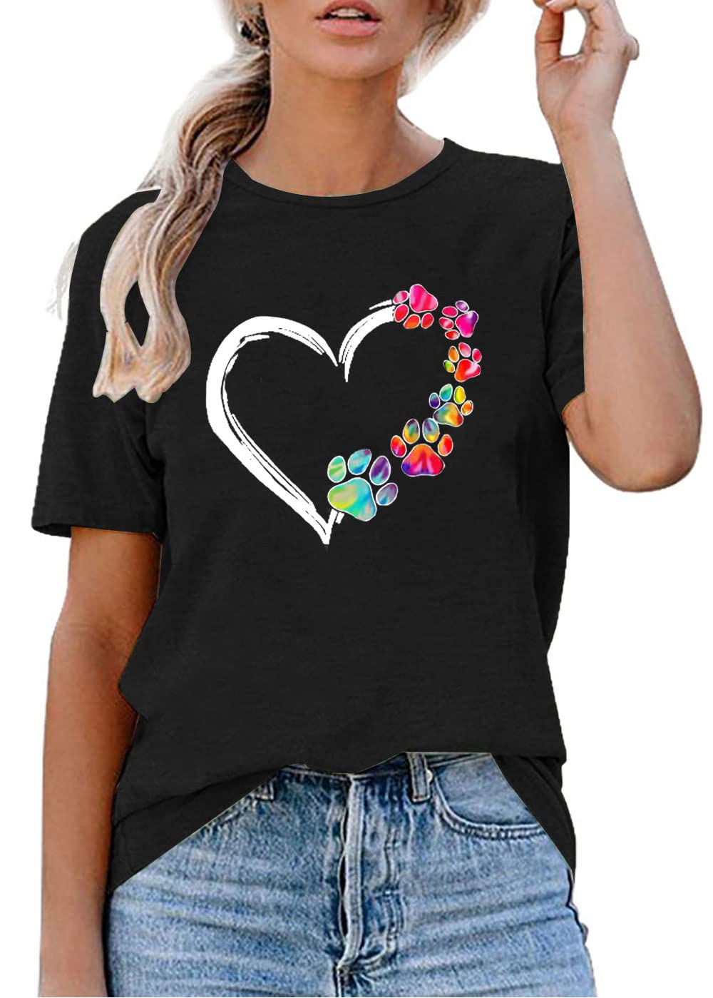 Sunidol Womens Dog Mom Shirts Cute Dog Paw Print Mother's Day Multicolor Heart Graphic Short Sleeve Crewneck Casual Pullover Tops Black XXL