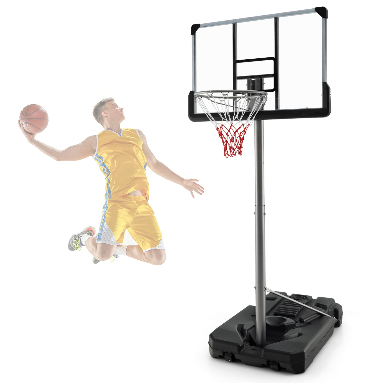 Goplus Portable Basketball Hoop Outdoor, 64’’-79’’ Poolside Basketball Goal Height Adjustable w/2 Wheels, Shatterproof Board, Fillable Base, Waterproof Basketball Stand for Kids Teenagers Youth