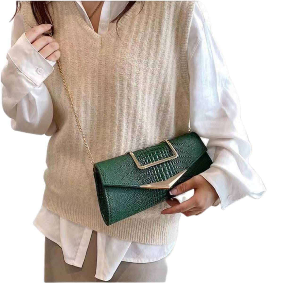 WIGUYUN Women Vegan Leather Evening Handbag Crocodile Pattern Handle Clutch Purse Cross Body Envelope Bag Khaki