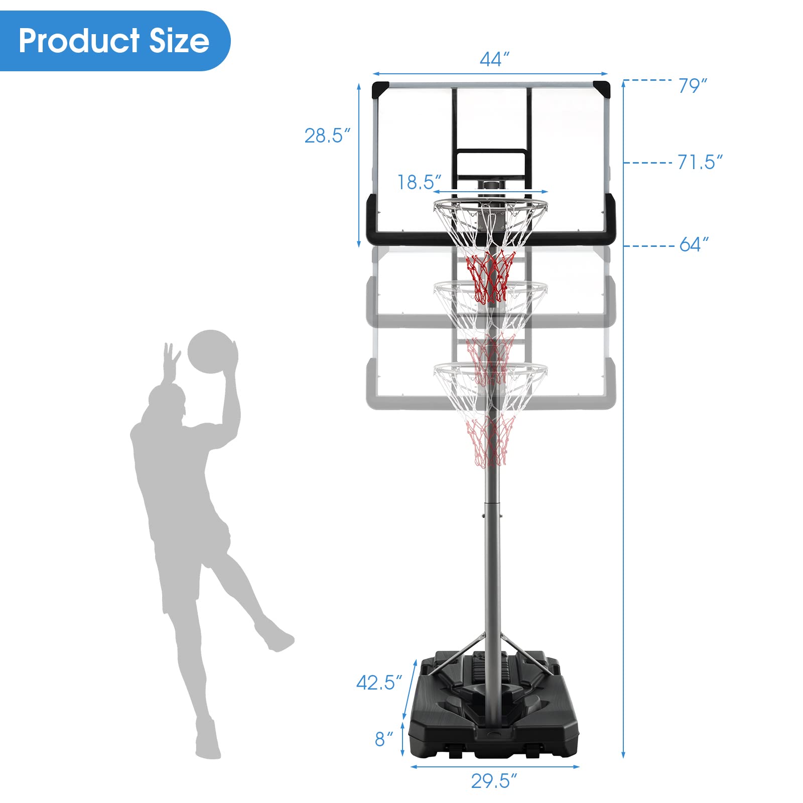 Goplus Portable Basketball Hoop Outdoor, 64’’-79’’ Poolside Basketball Goal Height Adjustable w/2 Wheels, Shatterproof Board, Fillable Base, Waterproof Basketball Stand for Kids Teenagers Youth