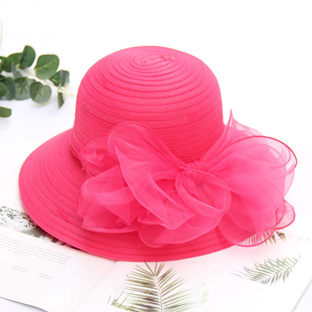 olesa Women Organza Church Wedding Fascinators Lady Cocktail Tea Party Church Cloche Hat Wedding Bridal Flower Hat Hot Pink