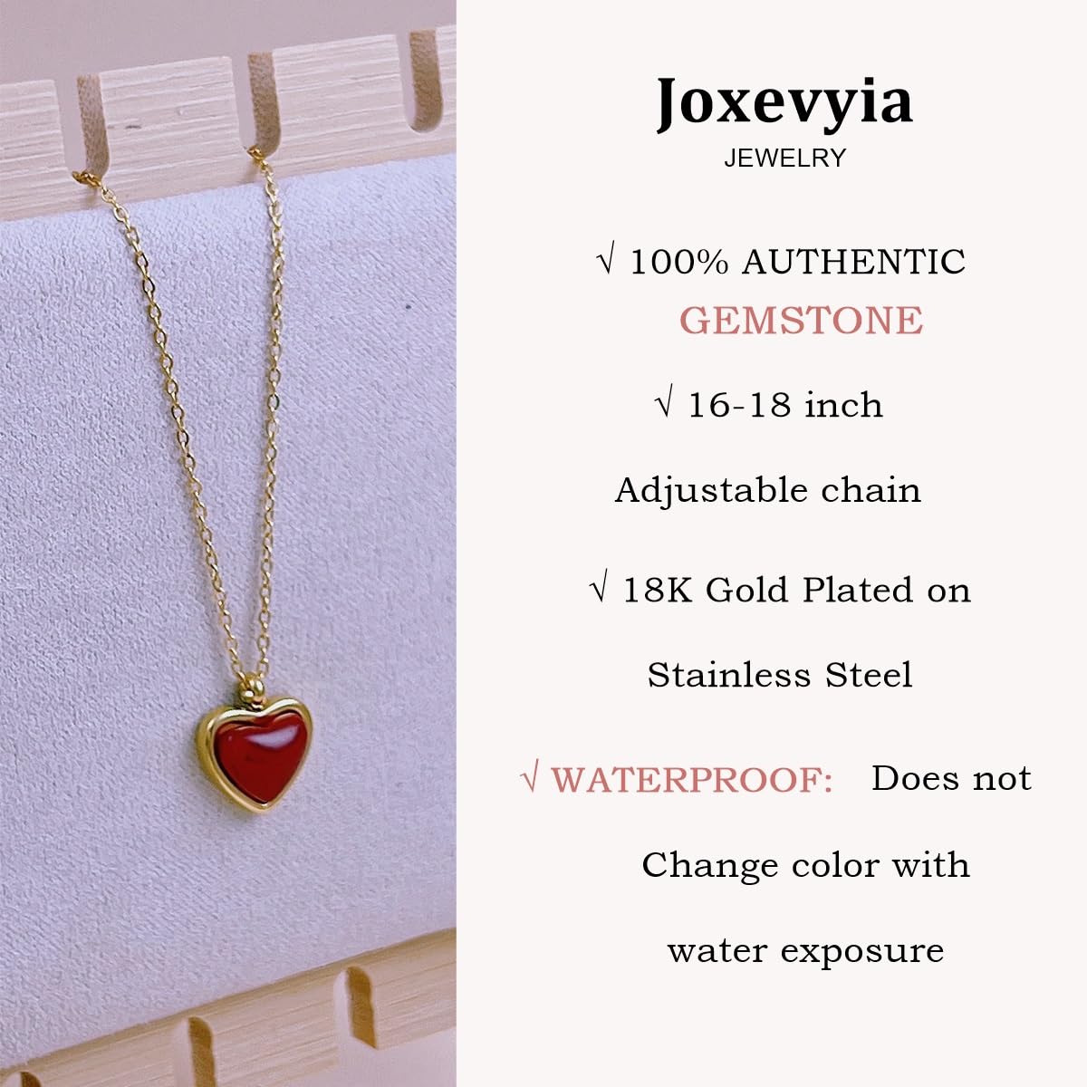 Joxevyia Carnelian Crystal Necklace Red Heart Raw Stone Healing Crystals Dainty Heart Gemstone Pendant Necklace Mother's Day Birthday Christmas Gift for Her