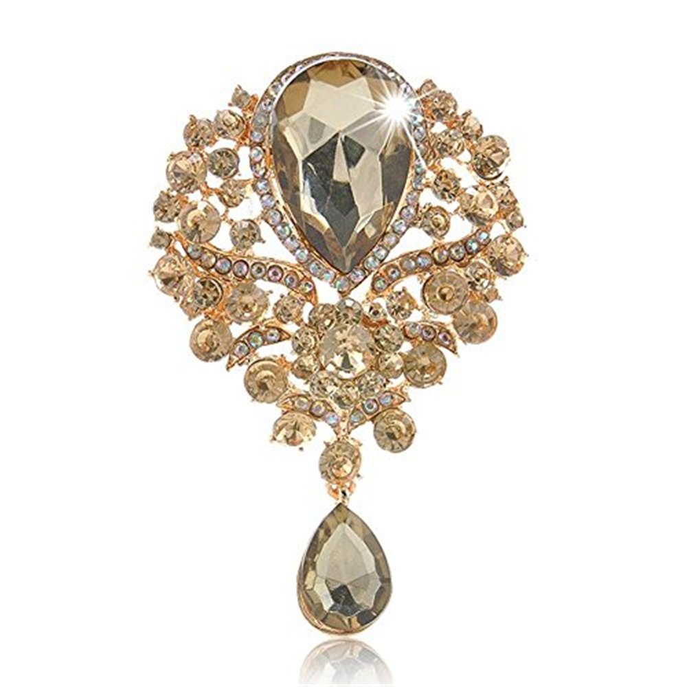 Women's Crystal Silver-Tone Bouquet Flower Teardrop Large Gorgeous Bouquet Brooch Pin (gold)