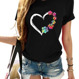 Sunidol Womens Dog Mom Shirts Cute Dog Paw Print Mother's Day Multicolor Heart Graphic Short Sleeve Crewneck Casual Pullover Tops Black XXL