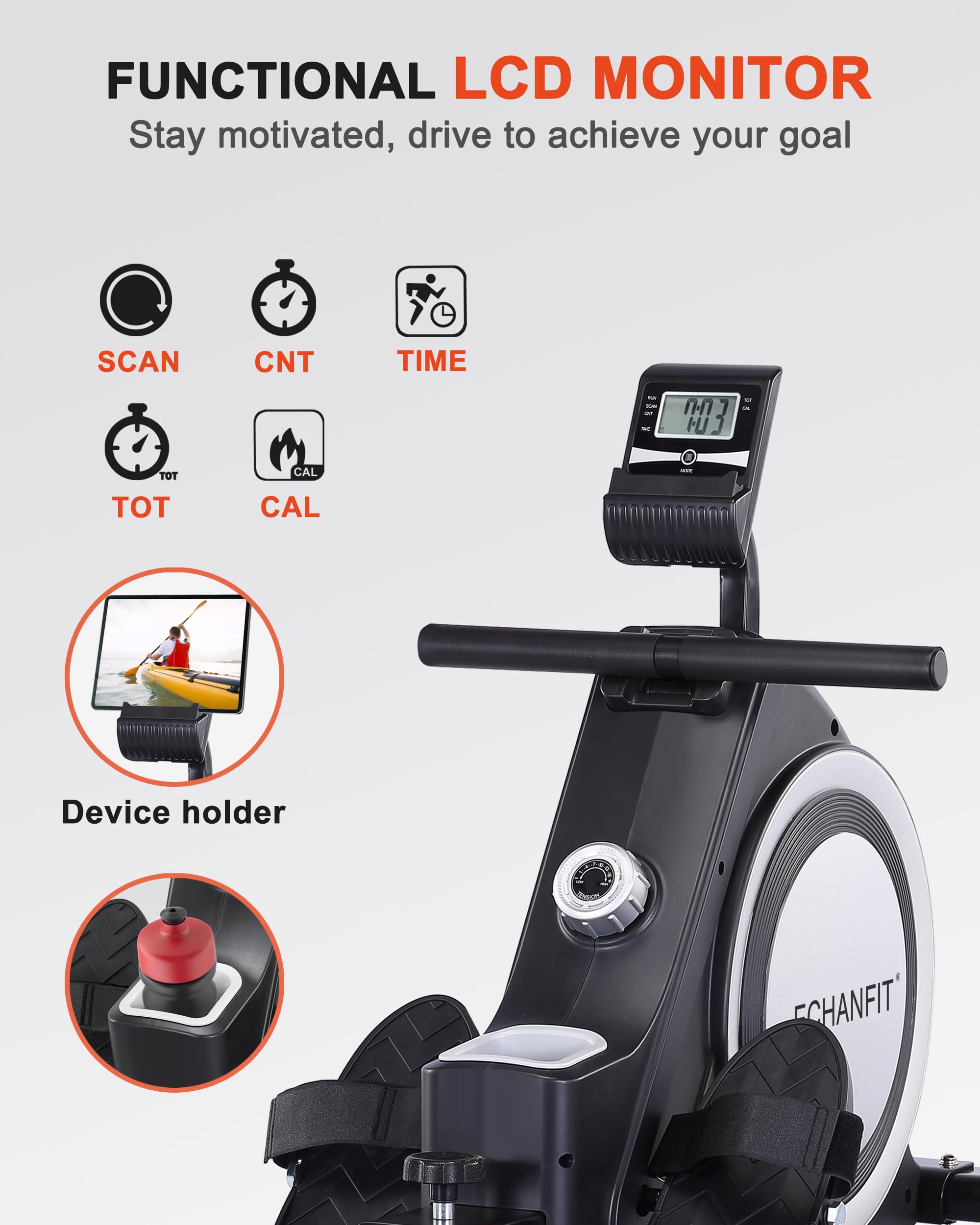 ECHANFIT Magnetic Rowing Machine for Home use，Foldable Rower Whit 350 LB Weight Capacity 16 Levels，Rower Machine Whit Adjustable Resistance LCD Monitor and Tablet Holder