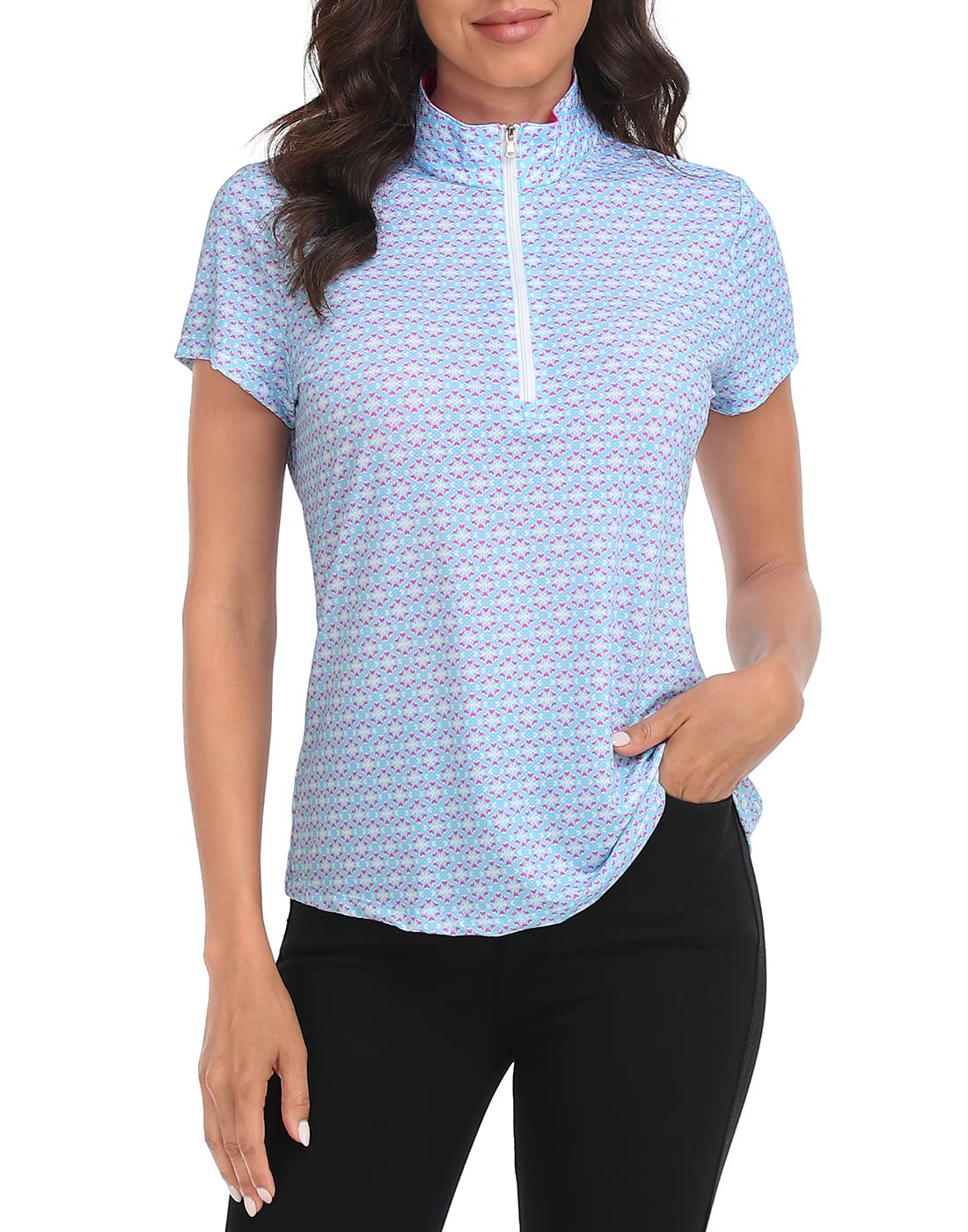 LRD Women's Golf Polo Shirts Short Sleeve Tennis Shirt UPF 30 Quarter Zip Up Mini Abstract/Pink - XS