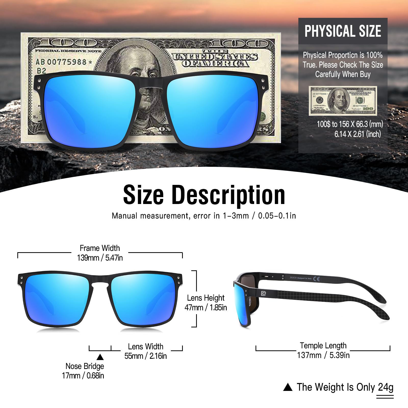 DUCO Retro Square Polarized Sunglasses for Men Vintage Sun Glasses Fishing Shades UV Protection Carbon Fiber DC8208 (Black Frame Revo Blue Lens)