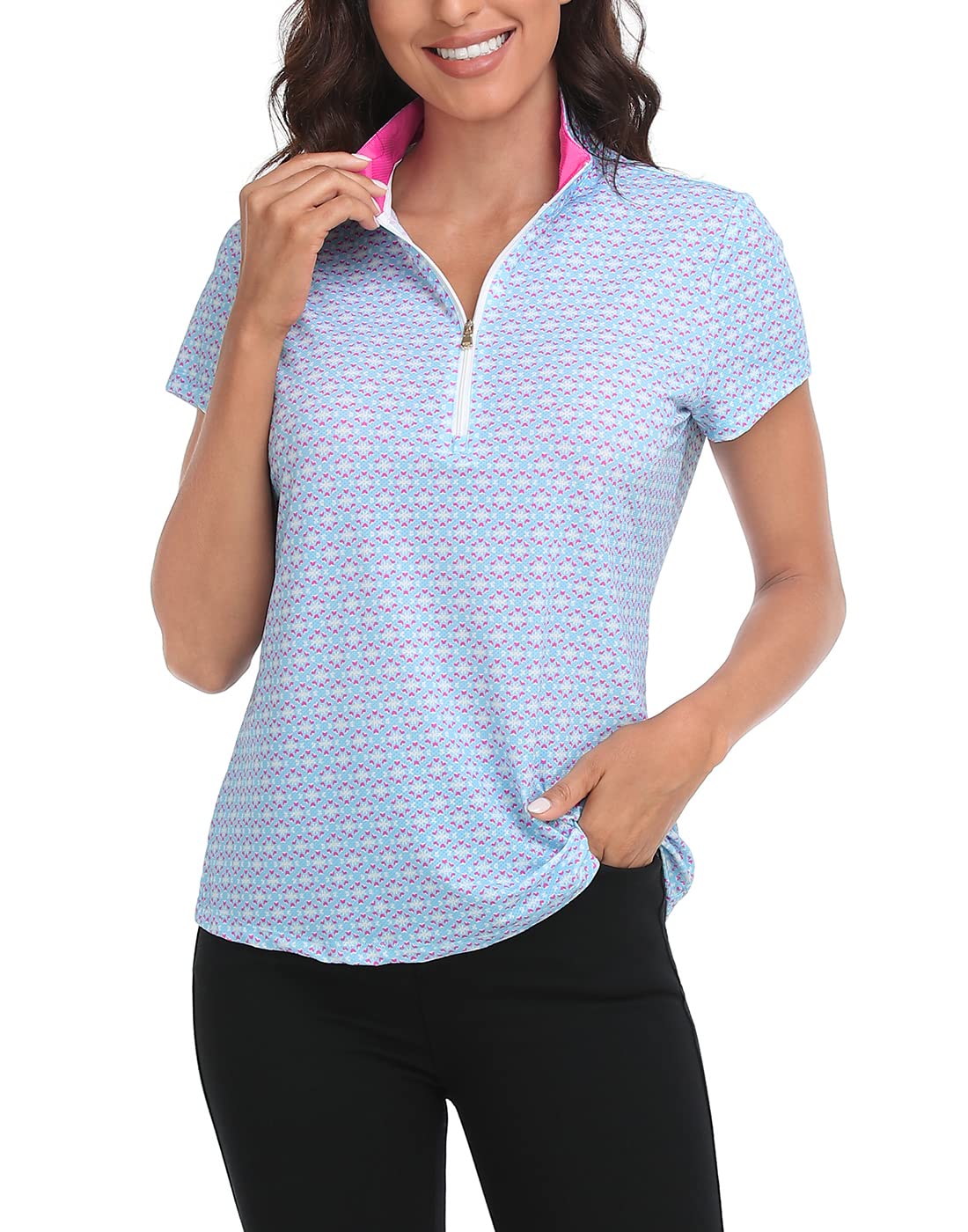 LRD Women's Golf Polo Shirts Short Sleeve Tennis Shirt UPF 30 Quarter Zip Up Mini Abstract/Pink - XS