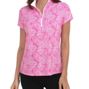 LRD Women's Golf Polo Shirts Short Sleeve Tennis Shirt UPF 30 Quarter Zip Up Pink Paisley/White - L