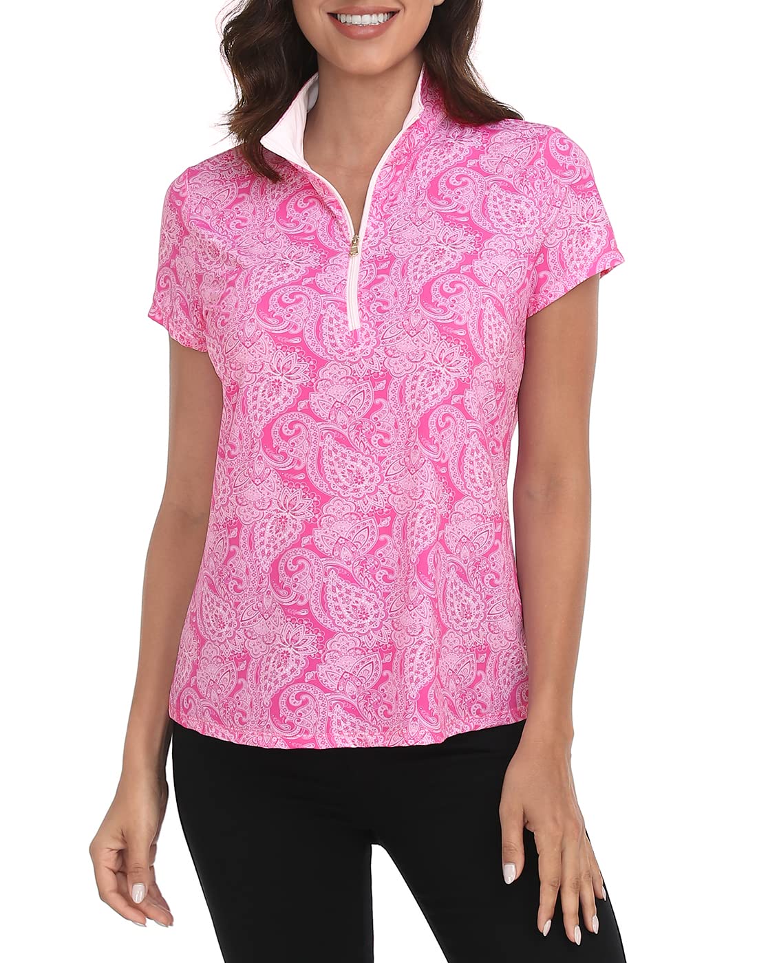 LRD Women's Golf Polo Shirts Short Sleeve Tennis Shirt UPF 30 Quarter Zip Up Pink Paisley/White - L