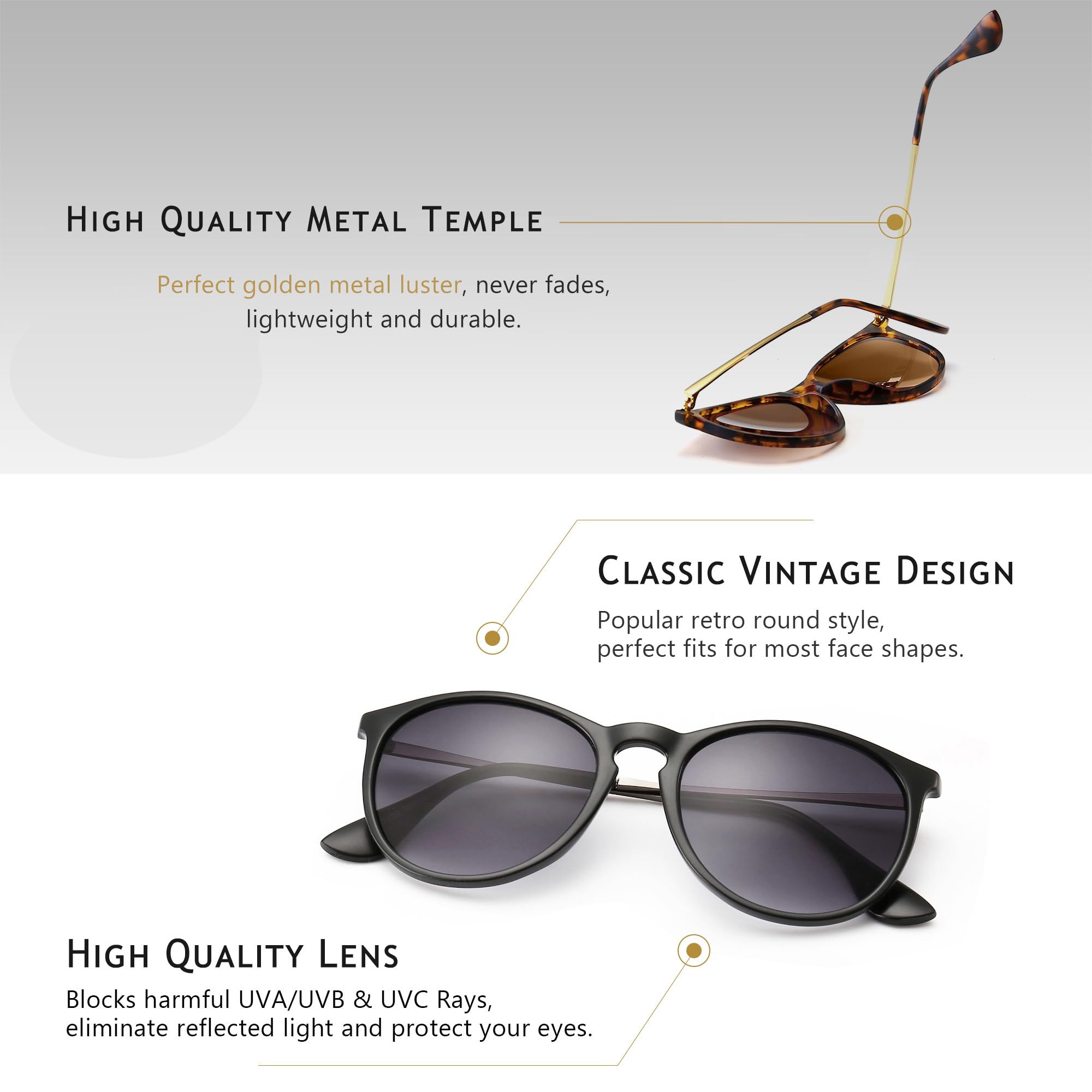 SUNGAIT 2 Pairs Vintage Round Sunglasses for Women Men Trendy Style UV400 Lens