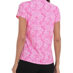 LRD Women's Golf Polo Shirts Short Sleeve Tennis Shirt UPF 30 Quarter Zip Up Pink Paisley/White - L