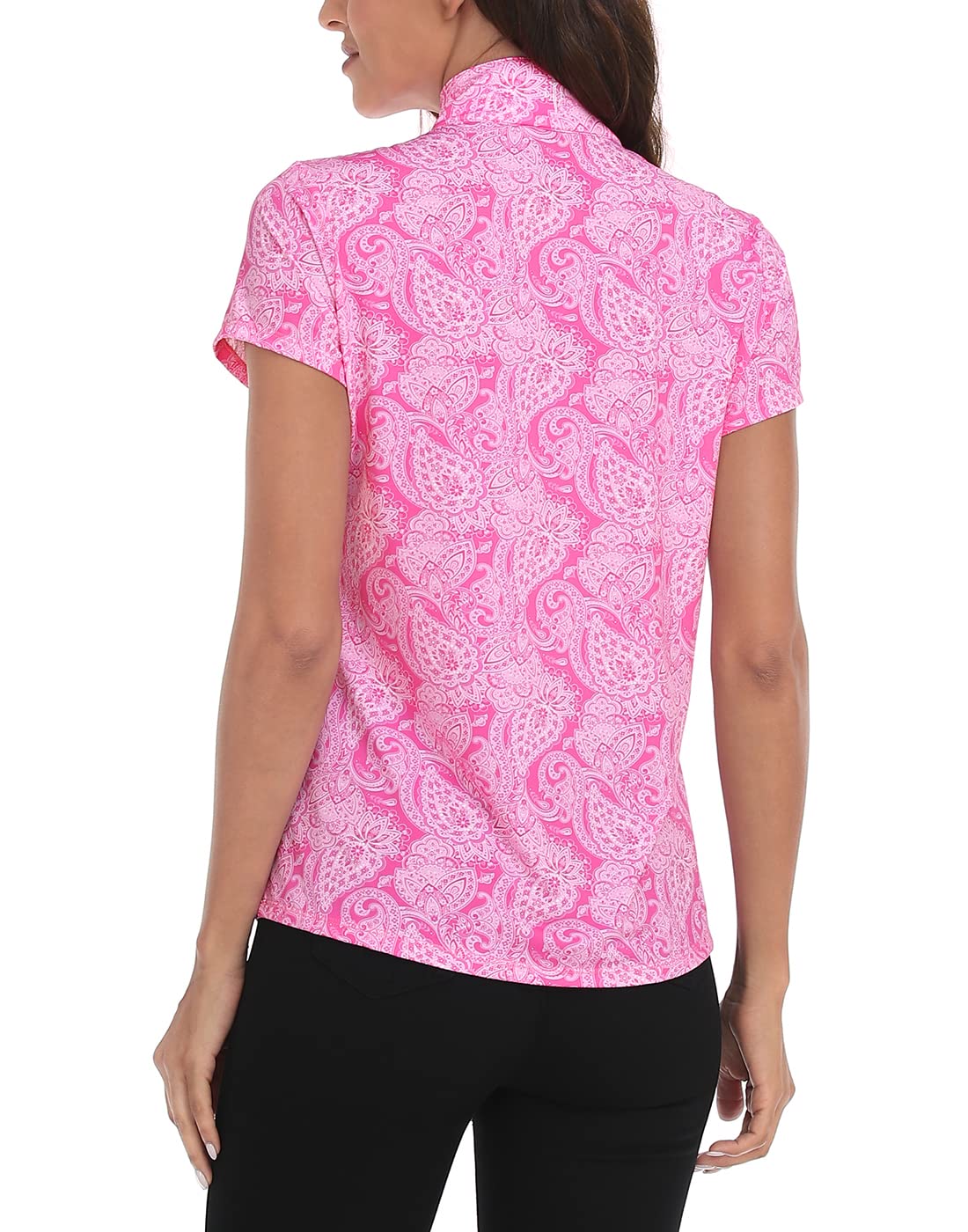 LRD Women's Golf Polo Shirts Short Sleeve Tennis Shirt UPF 30 Quarter Zip Up Pink Paisley/White - L