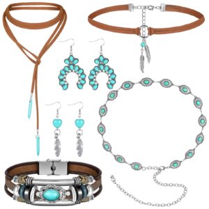 geyoga 6 pcs western jewelry for women bohemian turquoise pendant choker necklace long choker dangle earrings boho layered bracelets adjustable cowgirl chain belt for women