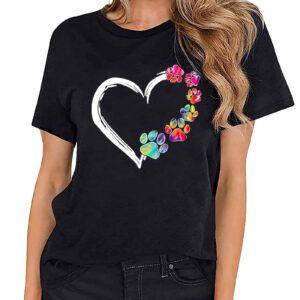 Sunidol Womens Dog Mom Shirts Cute Dog Paw Print Mother's Day Multicolor Heart Graphic Short Sleeve Crewneck Casual Pullover Tops Black XXL