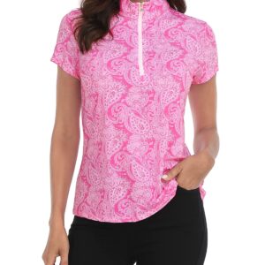 LRD Women's Golf Polo Shirts Short Sleeve Tennis Shirt UPF 30 Quarter Zip Up Pink Paisley/White - L