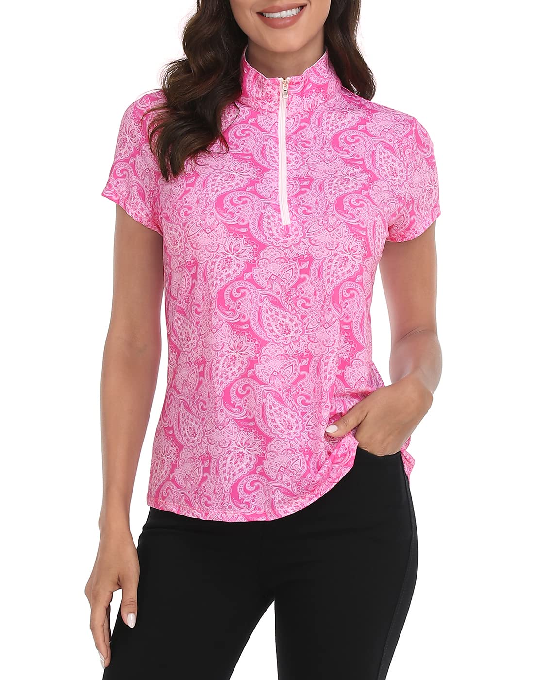 LRD Women's Golf Polo Shirts Short Sleeve Tennis Shirt UPF 30 Quarter Zip Up Pink Paisley/White - L