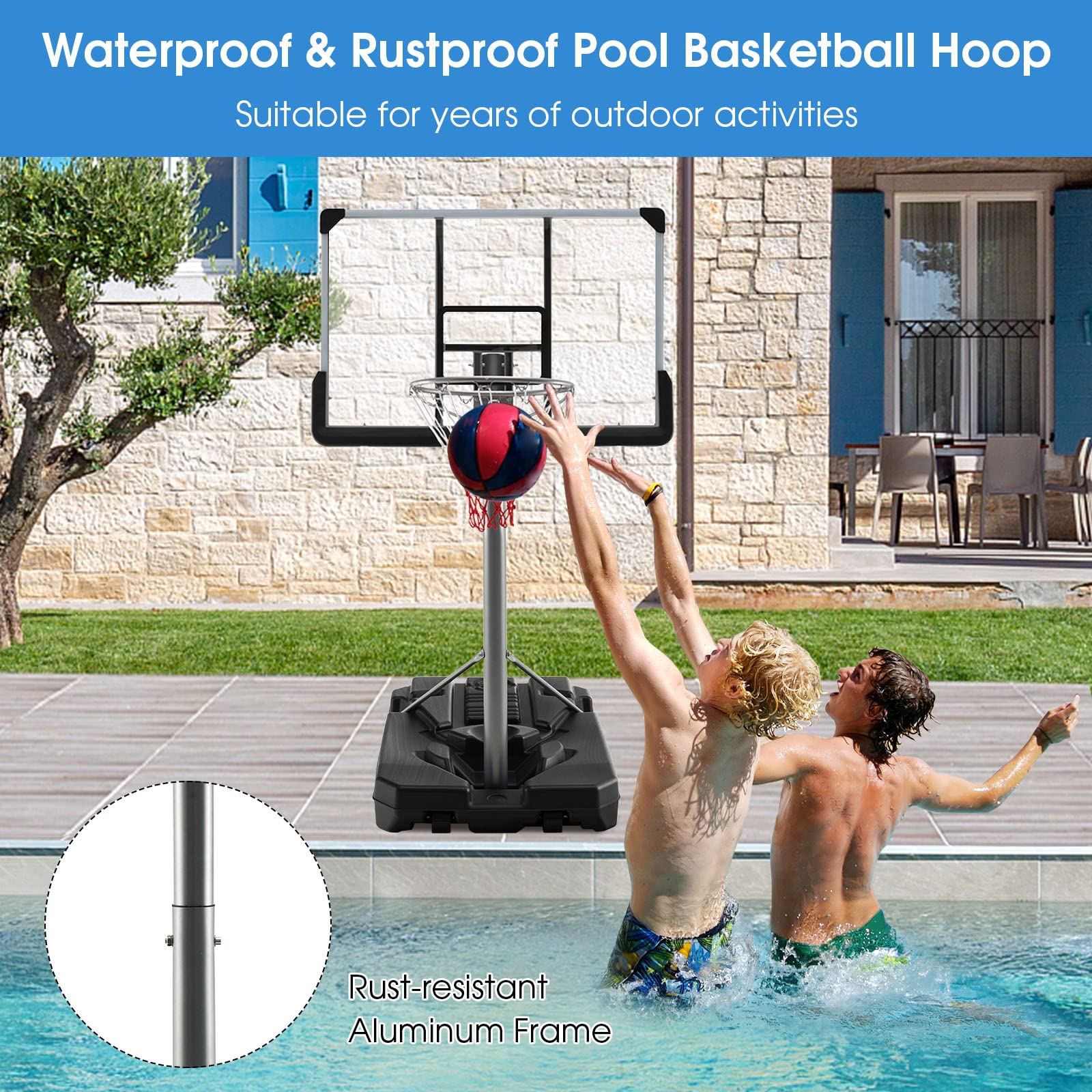 Goplus Portable Basketball Hoop Outdoor, 64’’-79’’ Poolside Basketball Goal Height Adjustable w/2 Wheels, Shatterproof Board, Fillable Base, Waterproof Basketball Stand for Kids Teenagers Youth