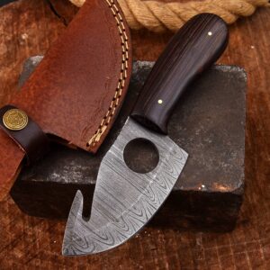 EDC Damascus – Skinner Knife - Skinning Knife with Gut Hook – Gutting Knife for Deer – Skinning Knives for Hunting Deer with Leather Sheath 8” (BLACK)”